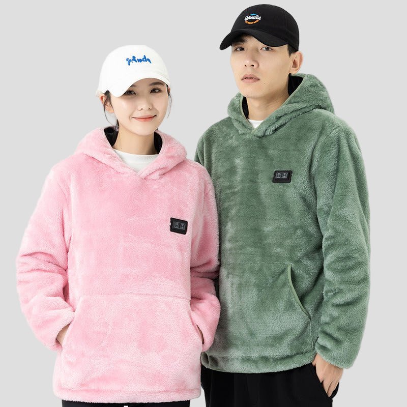 man and woman wearing a Coral Fleece Heated Hooded Sweatshirt