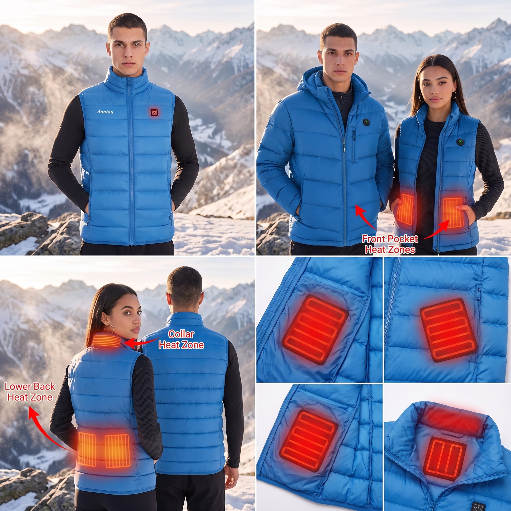 A collage showing a man and a woman wearing a bright blue heated puffer vest in snowy mountain settings, with highlighted heat zones on the vest and close-up inset views of the heating panels. Red text labels point to the heat zones.