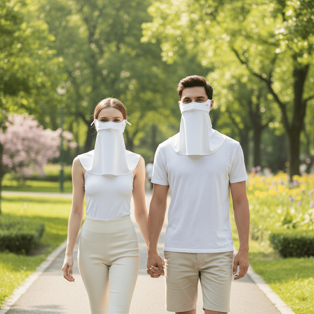 Two people walking in a park wearing face masks .
