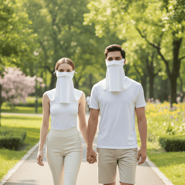 Two people walking in a park wearing face masks .