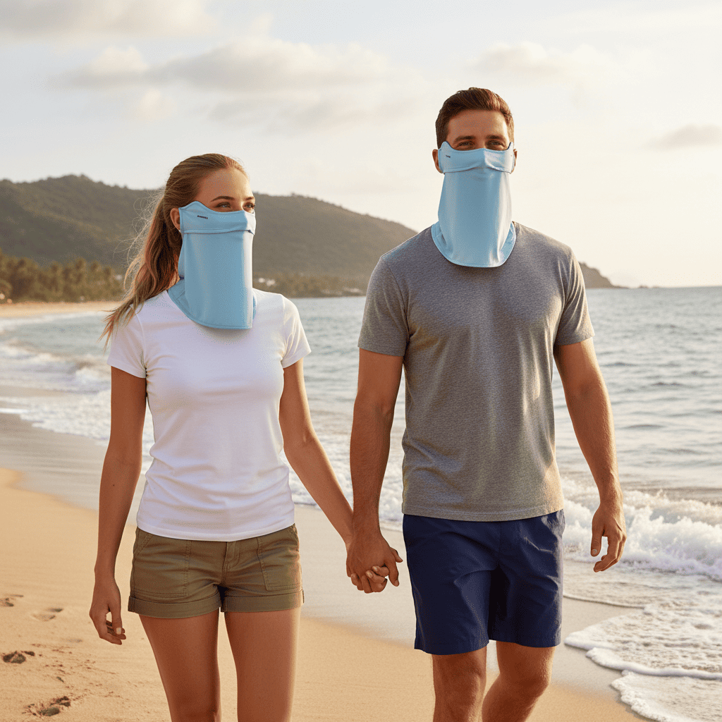 Two people on a beach wearing face masks with blue covers over their mouths and noses.