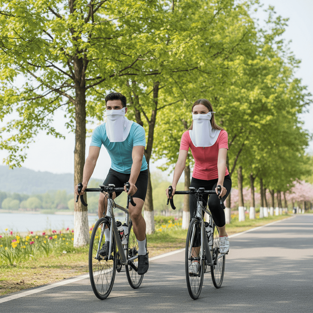 Two people riding bicycles on a path with trees and a lake in the background. Both wearing uv masks