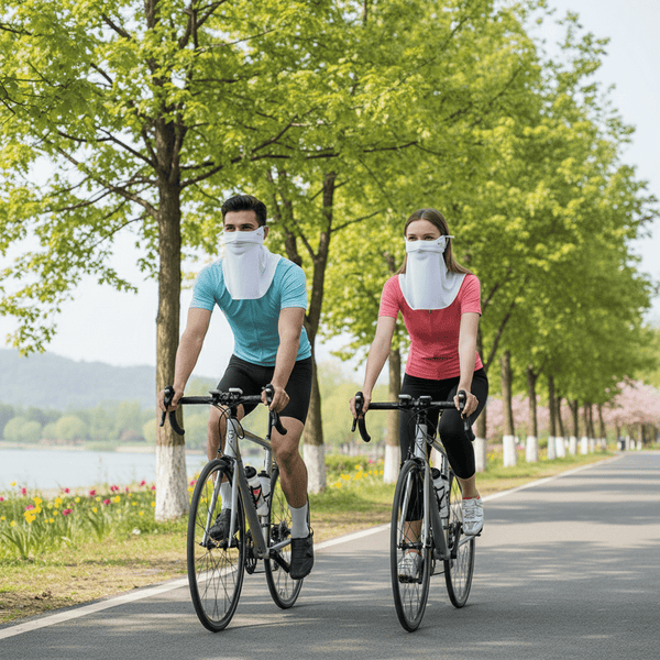 Two people riding bicycles on a path with trees and a lake in the background. Both wearing uv masks