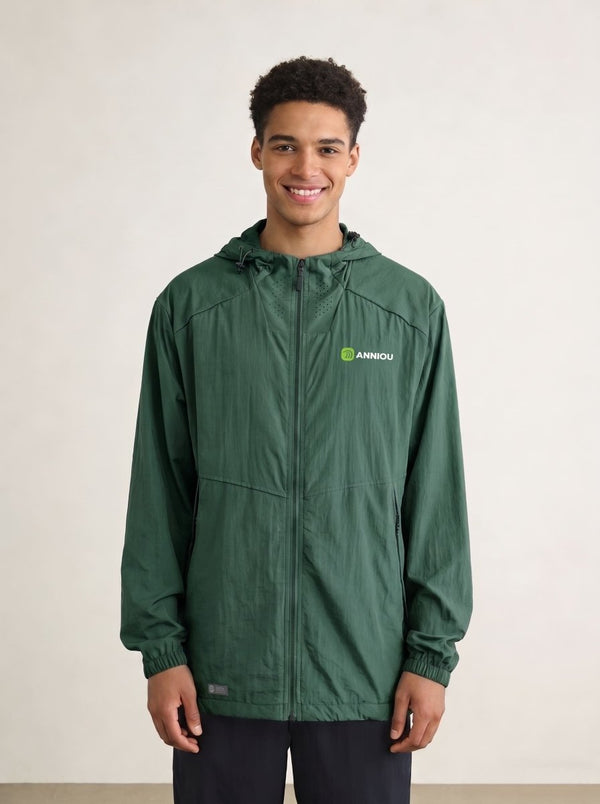 Men's #green UV Protection Jacket with an Anniou logo and a zip up design with air vents to the neck
