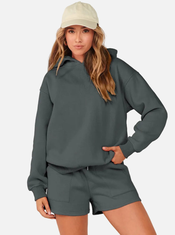 #darkgrey Casual Hoodie & Shorts Set