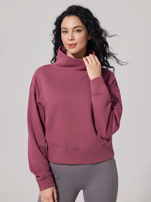 #darkpink casual Cropped Mock Neck Pullover Sweatshirt
