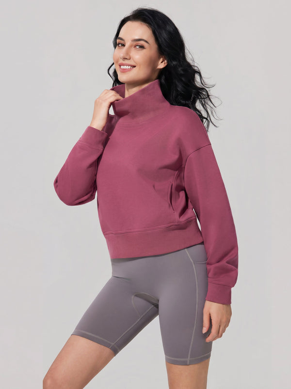 #darkpink windproof Cropped Mock Neck Pullover Sweatshirt