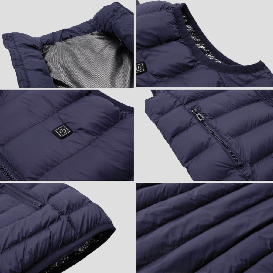 Collage of a navy blue heated puffer jacket showing different angles and details on a white background.