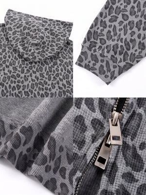 details of #gray Leopard Print Waffle Hooded Zip Jacket