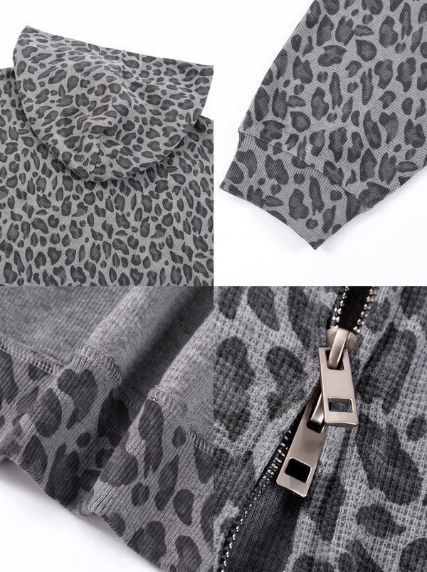 details of #gray Leopard Print Waffle Hooded Zip Jacket
