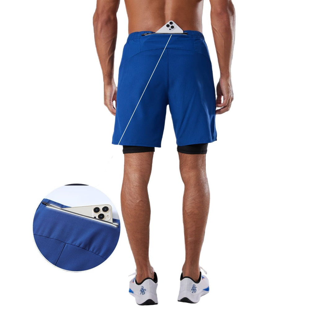 Mens blue Double Layer Sports Shorts with back pocket