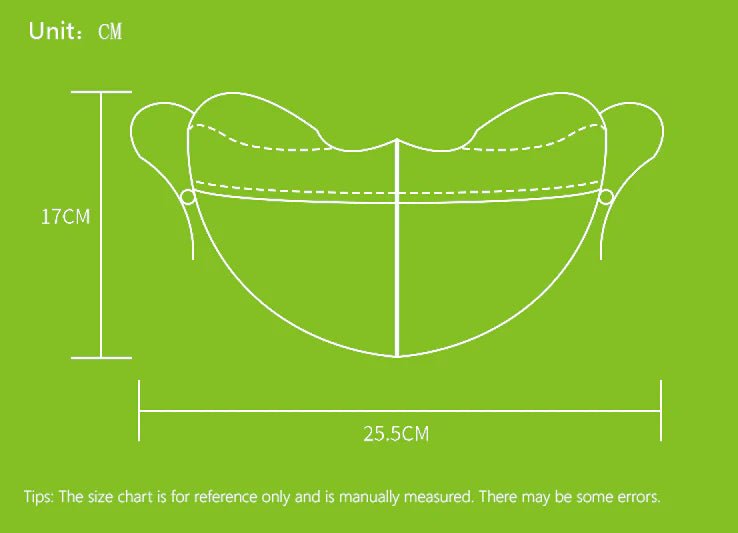 Measurement chart of a face mask on a green background