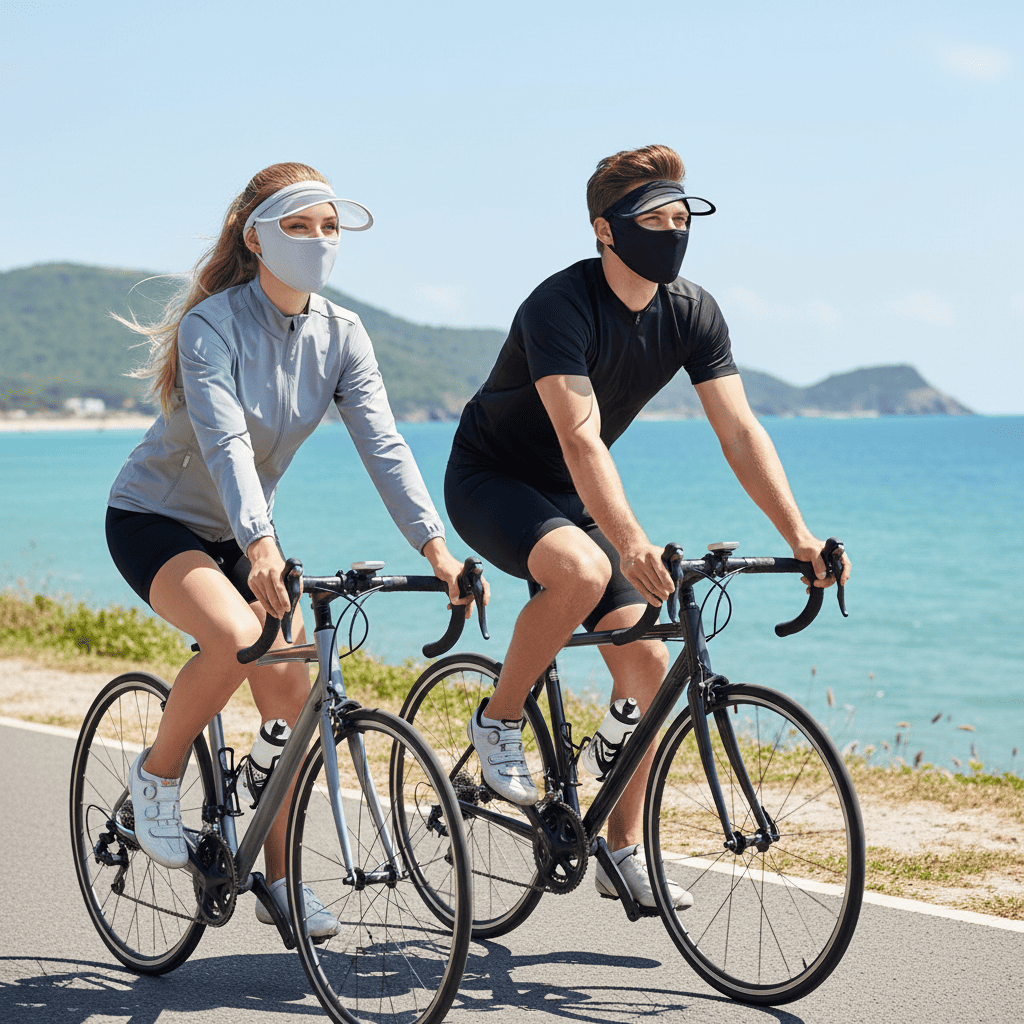 Two people cycling with a upf 50 fase brim mask on a road with a scenic background of mountains and sea.