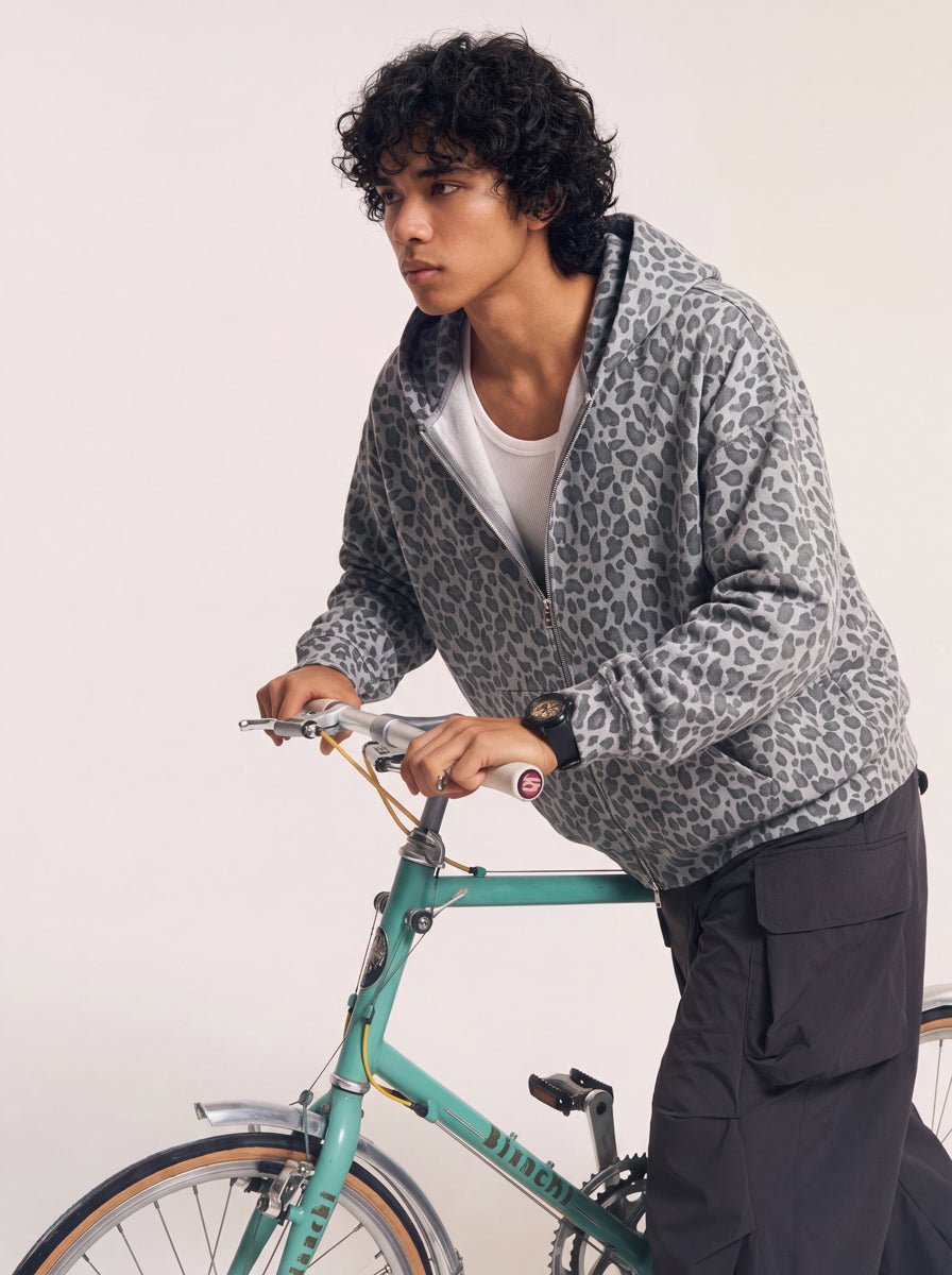 fashion #gray Leopard Print Waffle Hooded Zip Jacket