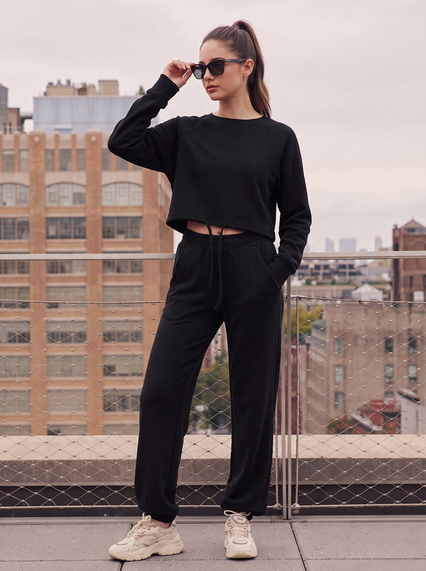 fleece #black Cropped Drawstring Sweat Set