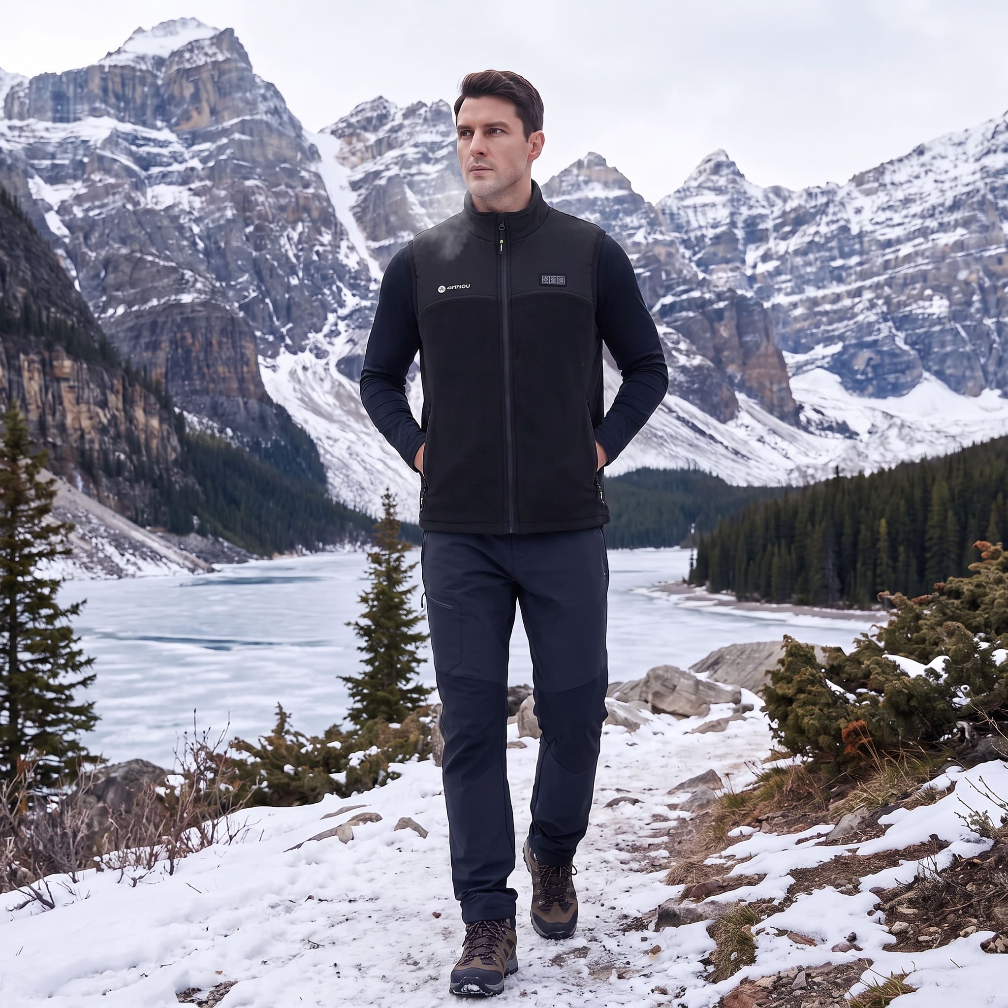 A man wearing a black fleece heated vest and dark hiking pants stands on a snowy mountain path with a frozen lake and snow-capped peaks in the background.