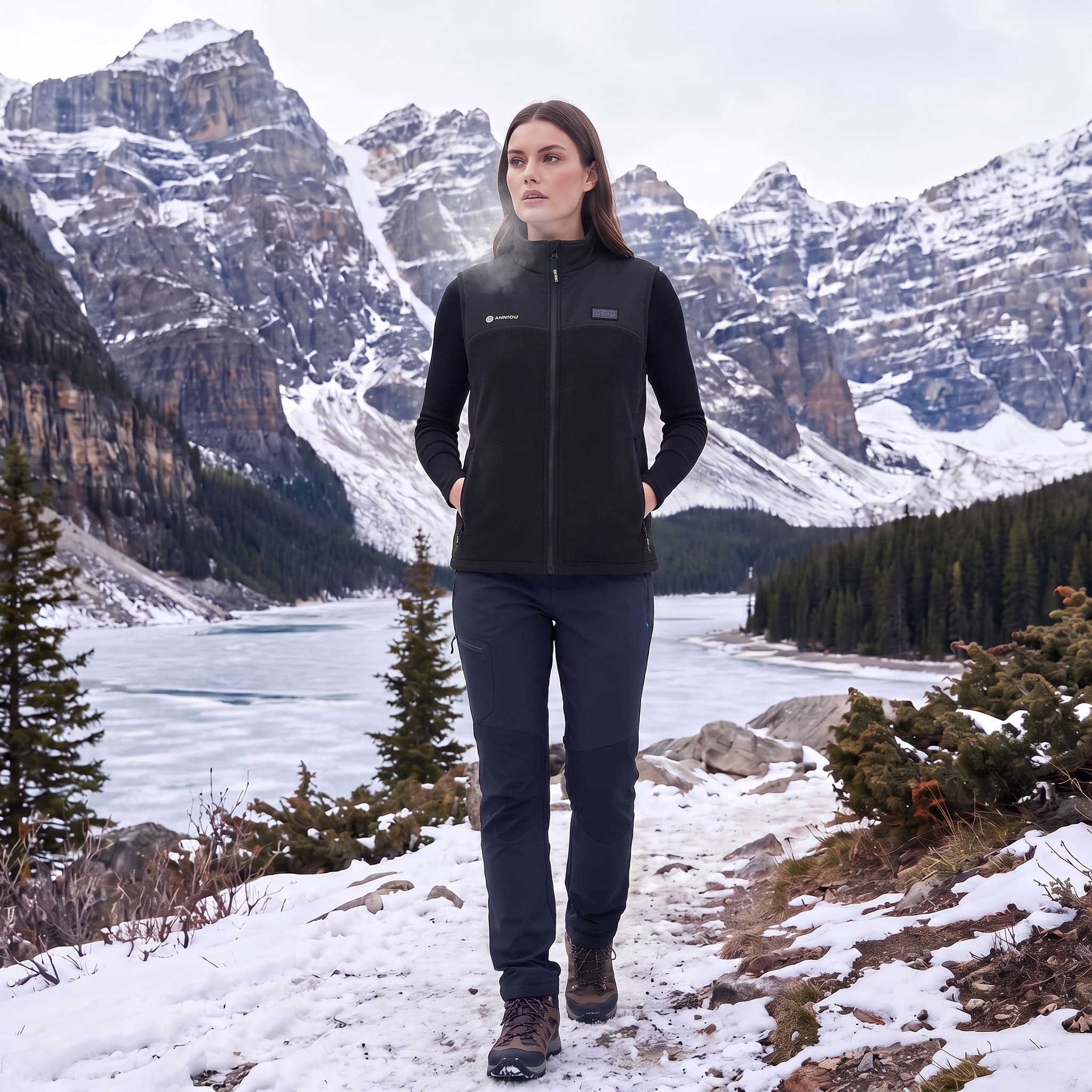 A woman stands on a snowy mountain trail wearing a black zip-front fleece jacket and dark hiking pants, with snow-covered peaks and a frozen lake in the background.