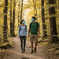 Two people walking on a forest path wearing face masks.