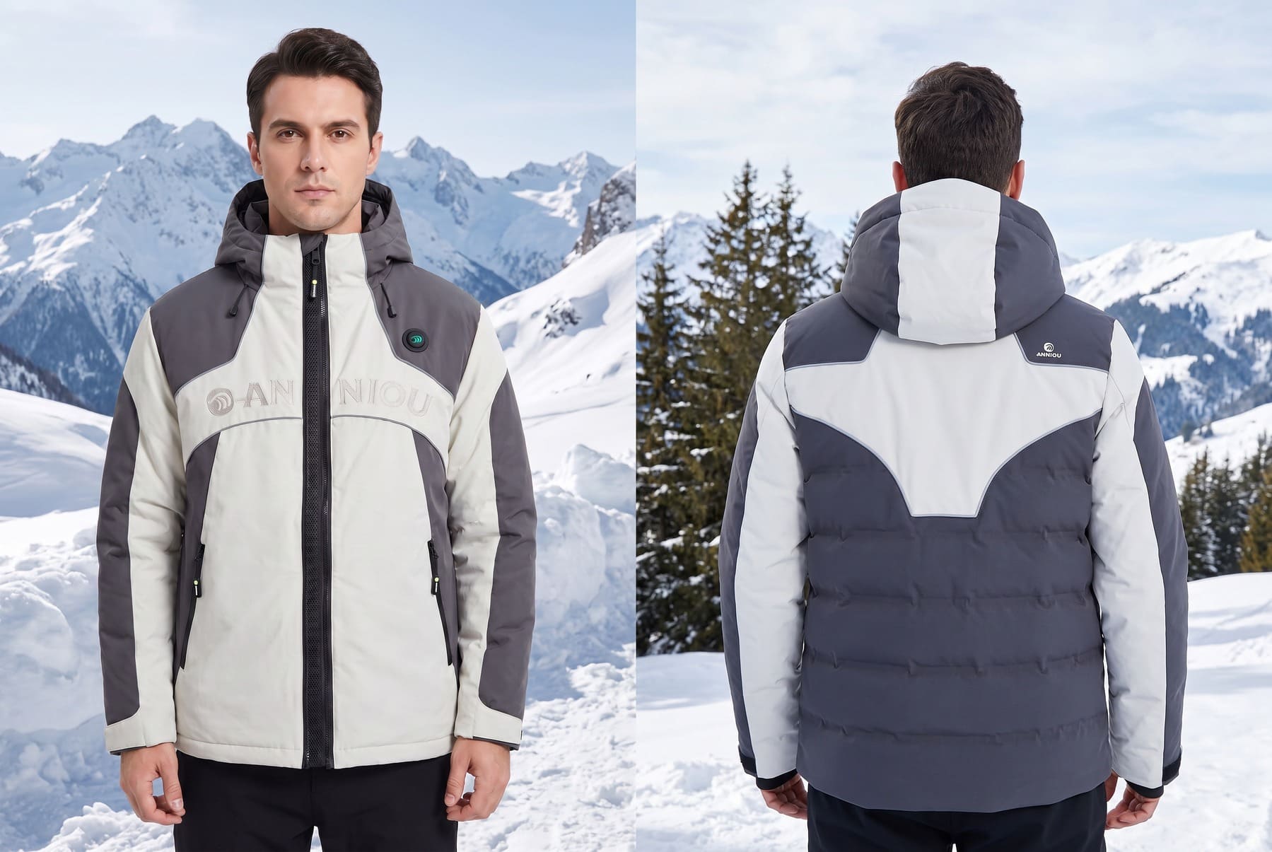 A man wearing a two-tone heated ski jacket is shown from the front and back against a snowy mountain backdrop. The jacket is light beige and dark gray with a hood, front zipper, and puffer-style back panel.