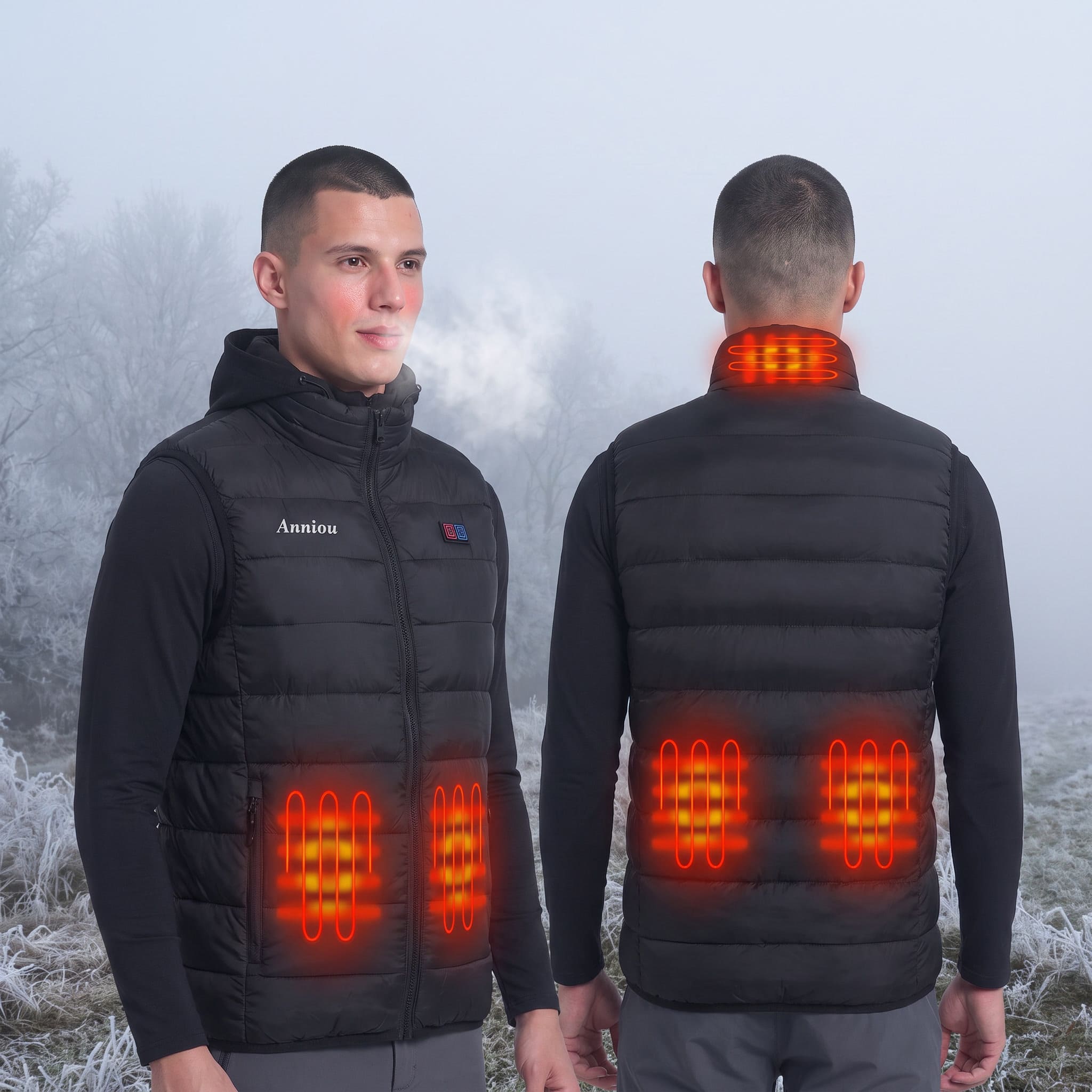 A man shown from the front and back wearing a black heated puffer vest in a foggy outdoor setting. The image includes glowing orange heat-map overlays highlighting the front chest, back, and neck heating zones.