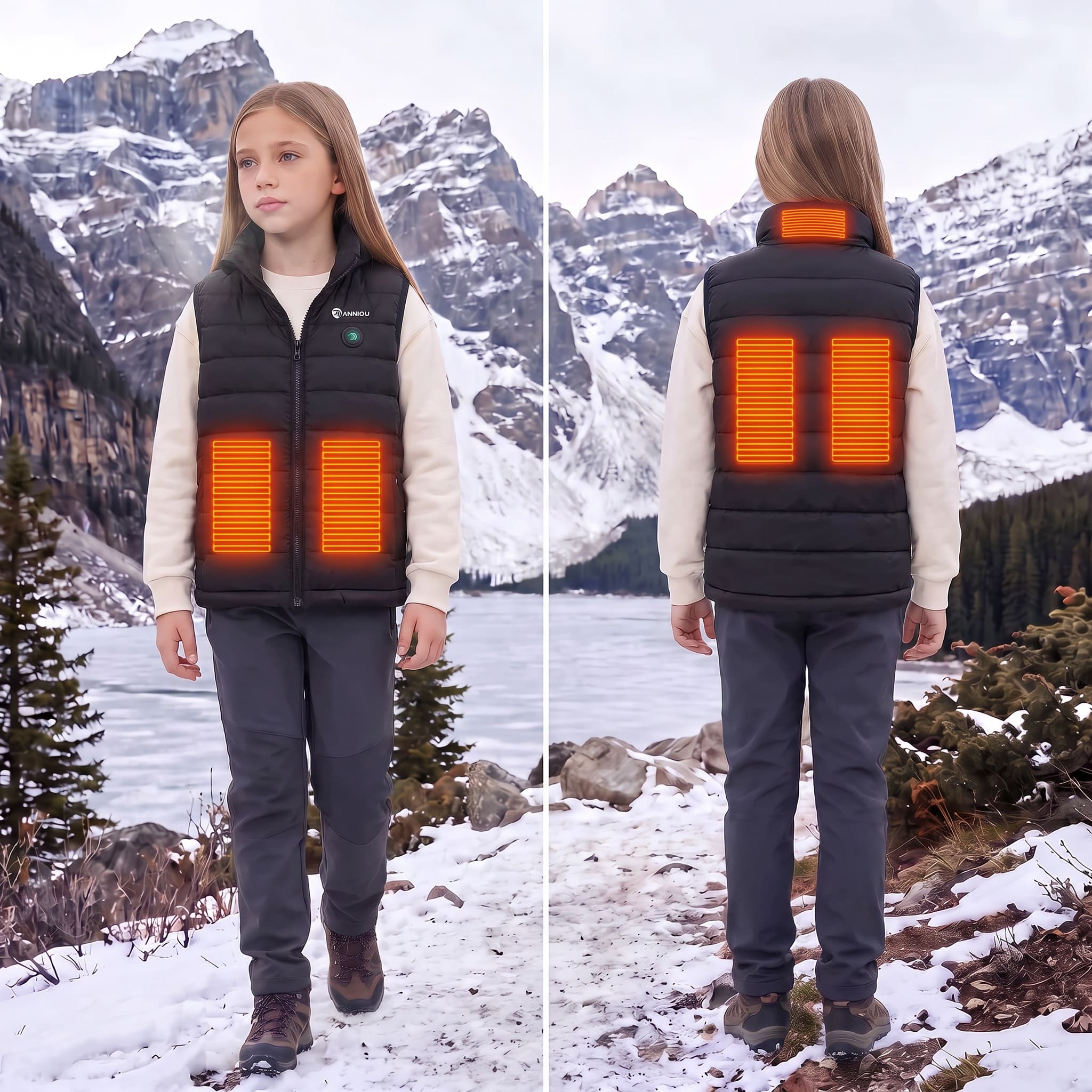 A child stands outdoors in a snowy mountain landscape wearing a black heated puffer vest with glowing orange heating panels on the front and back, shown in a side-by-side front and back view.
