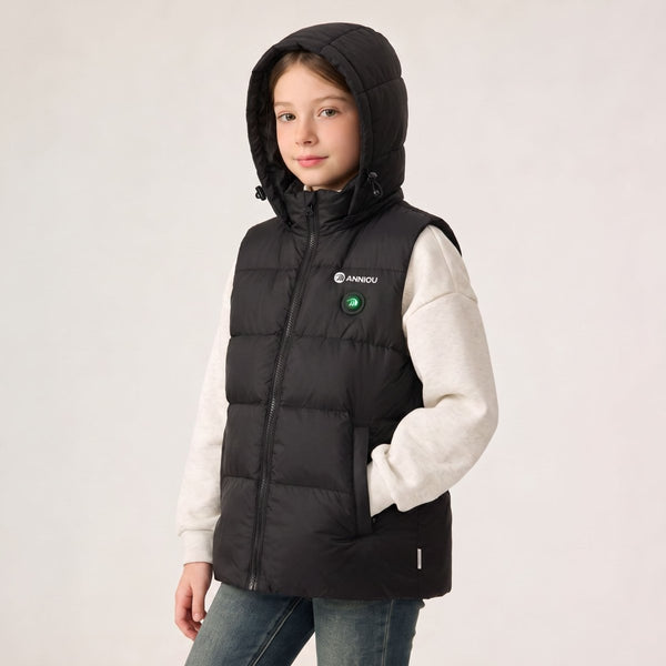 A child wearing a black heated hooded puffer vest by Anniou
