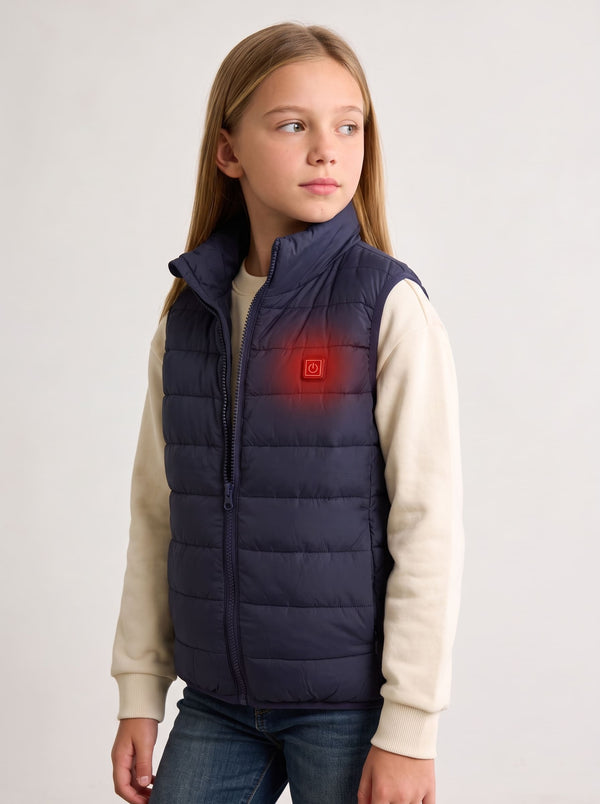 A young girl wearing a navy blue insulated heated puffer vest with a built-in heating element on the chest