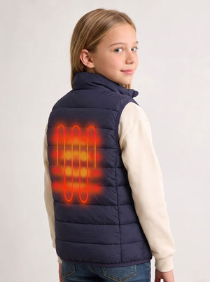 girls navy heated vest from the back with 1 heat zone