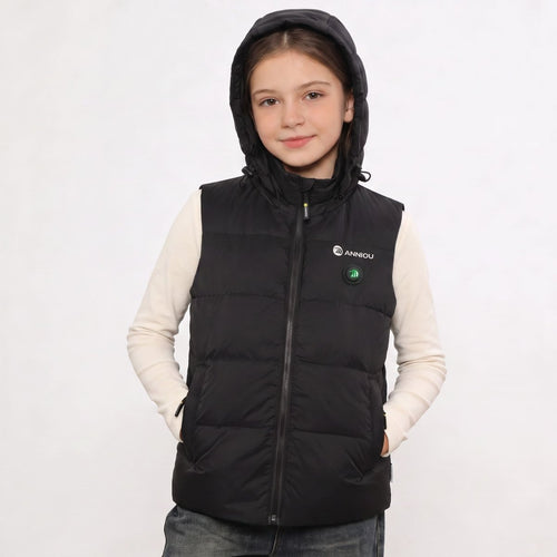 girls black heated puffer vest with a hood and a small white ANNIOU logo on the chest. 