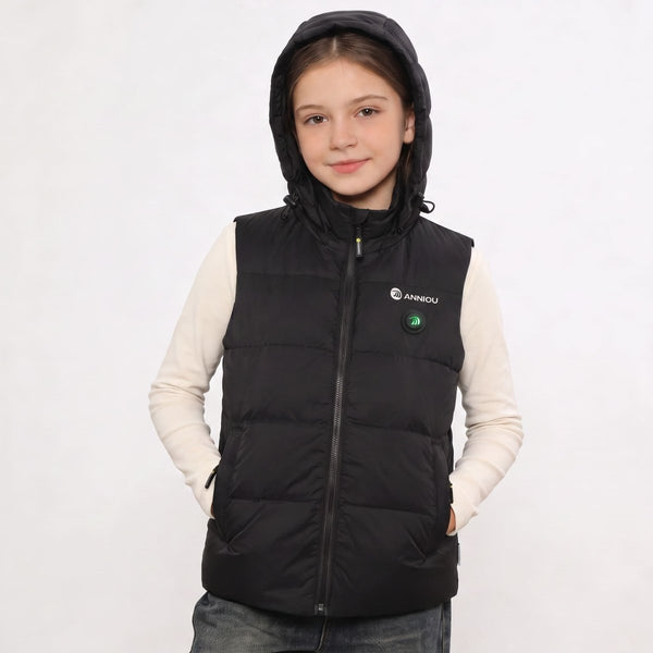 girls black heated puffer vest with a hood and a small white ANNIOU logo on the chest. 