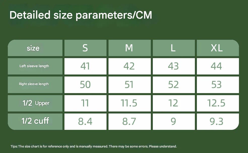 Size chart for clothing with measurements in centimeters on a green background