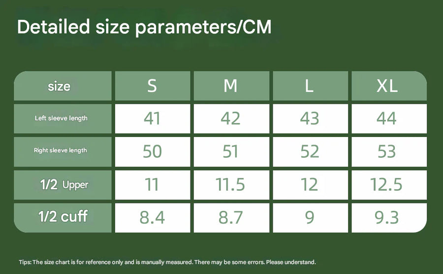 Size chart for clothing with measurements in centimeters on a green background
