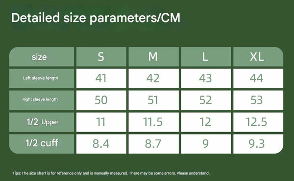 Size chart for clothing with measurements in centimeters on a green background
