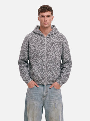 #gray Leopard Print Waffle Hooded Zip Jacket