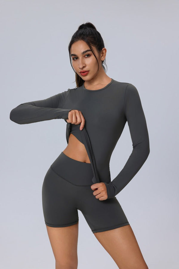 #gray Long Sleeve Yoga Top and shorts with stretch