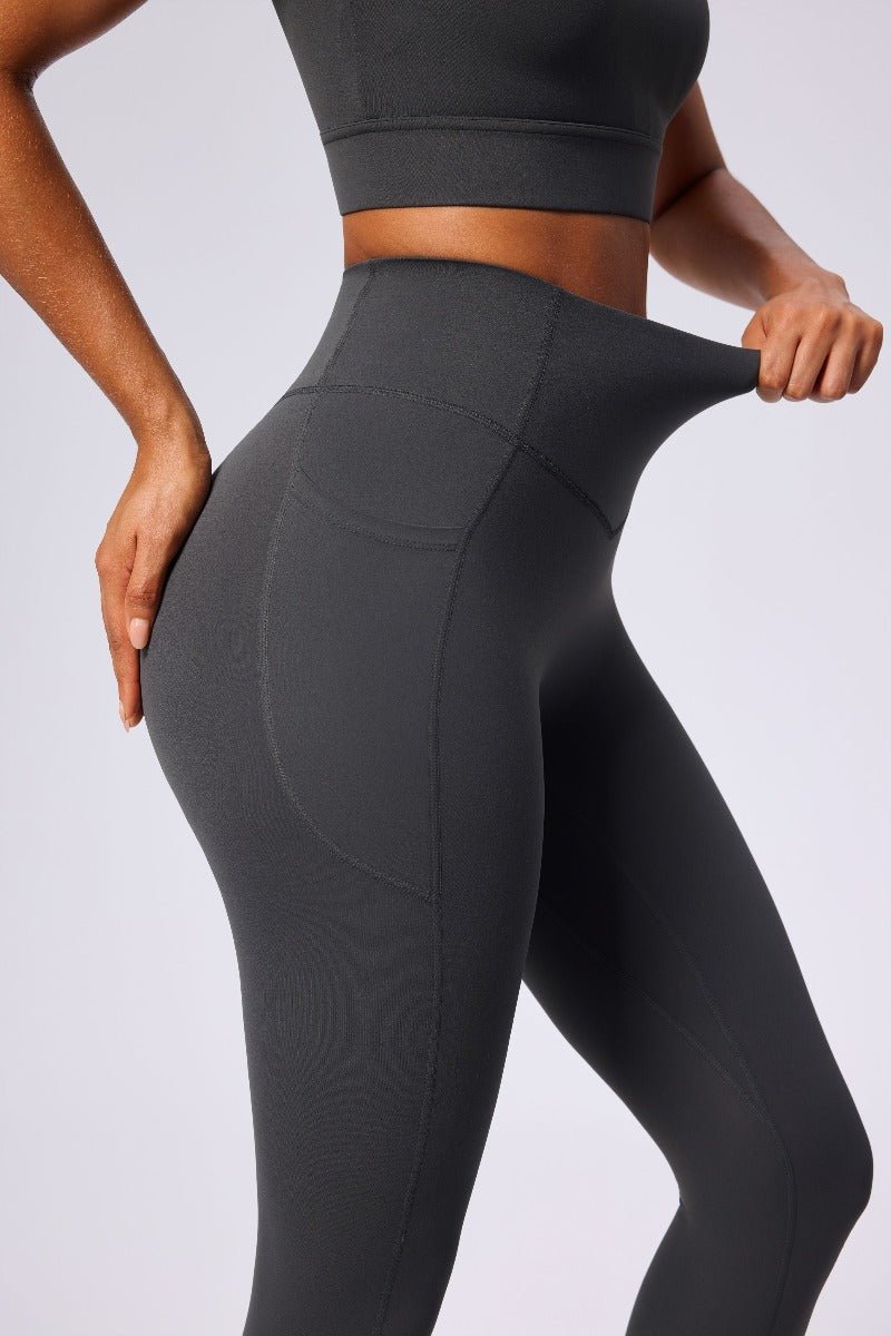 gray high rise yoga pants with stretch