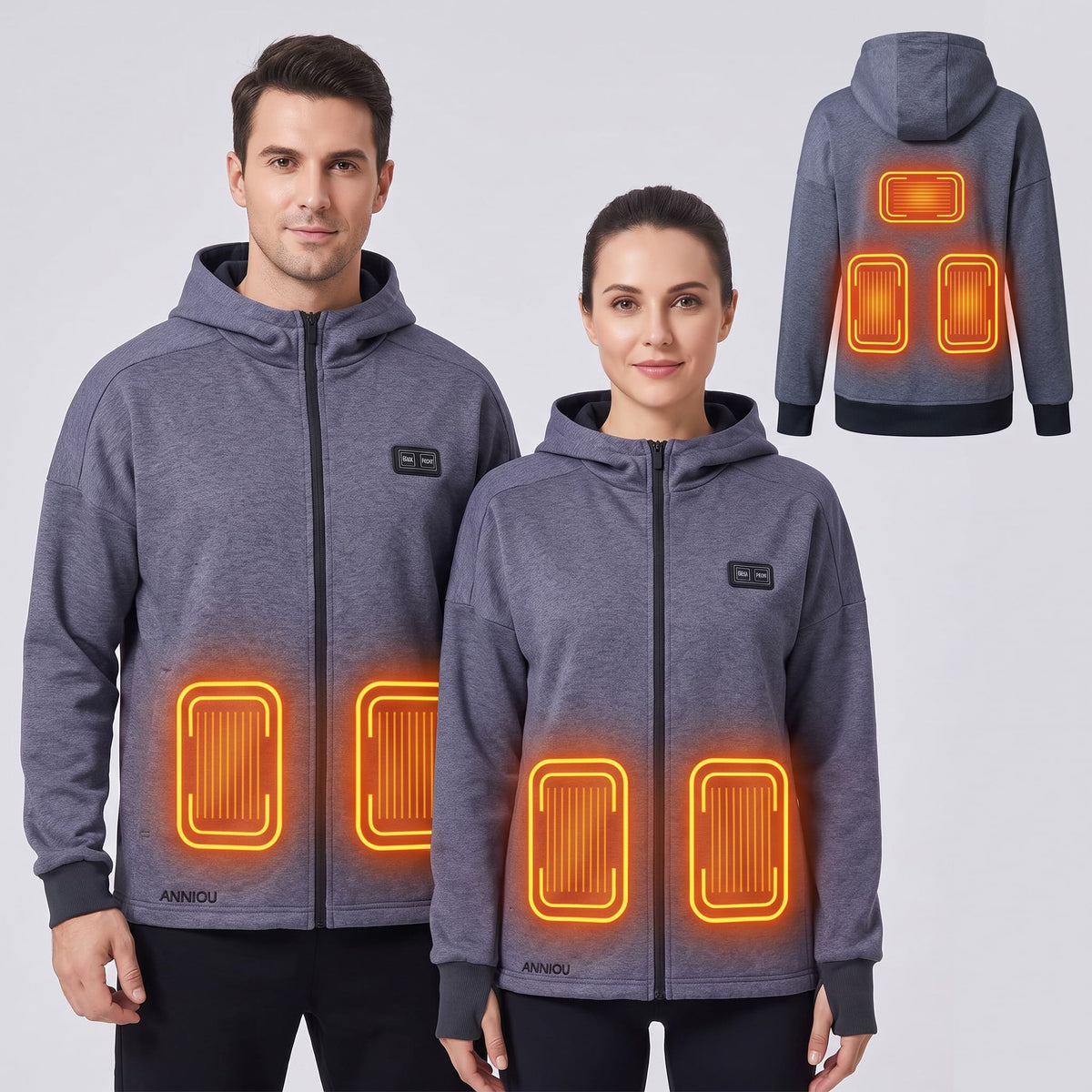 A man and a woman wearing gray zip-up hoodies with glowing orange heat-map graphics showing built-in heating zones on the front and back. A separate back view inset appears in the top right.