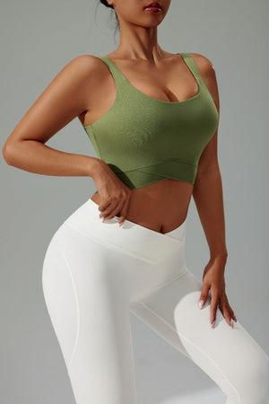 #green UPF 50+ High Strength criss cross Sports Bra and white  leggings
