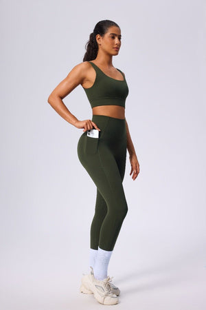 #green high rise yoga leggings with pockets and tank top