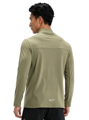 Male model shown from the back, wearing an #green stand-collar long-sleeve athletic top with logo print on the lower back, against a plain background.