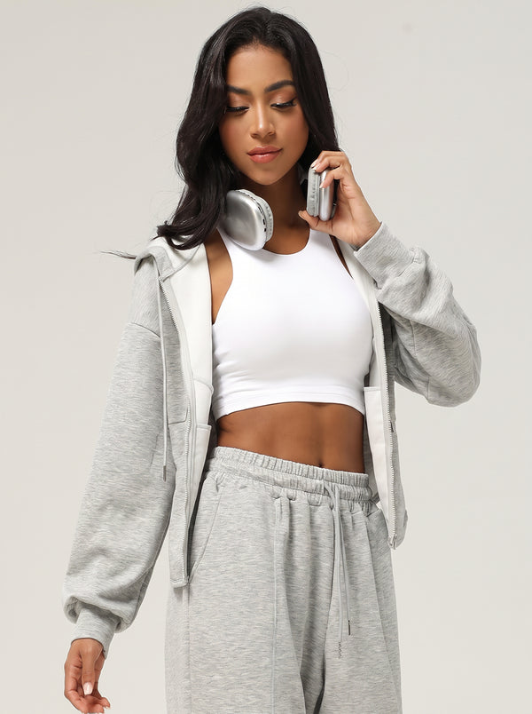 #grey Causal Hooded Zip Jacket