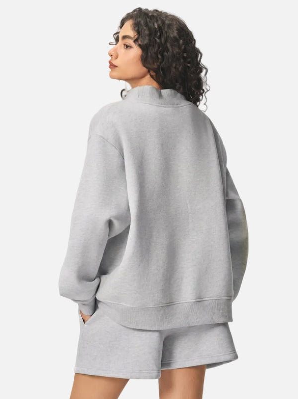 #grey Heavyweight Fleece Mock Neck Pullover of back view