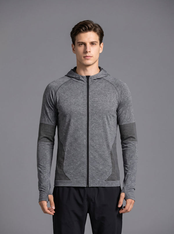 #grey Men’s Seamless Hooded Athletic Jacket