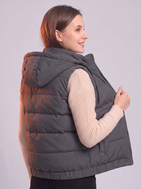 #grey Women's zip up Hooded Heated Vest side view