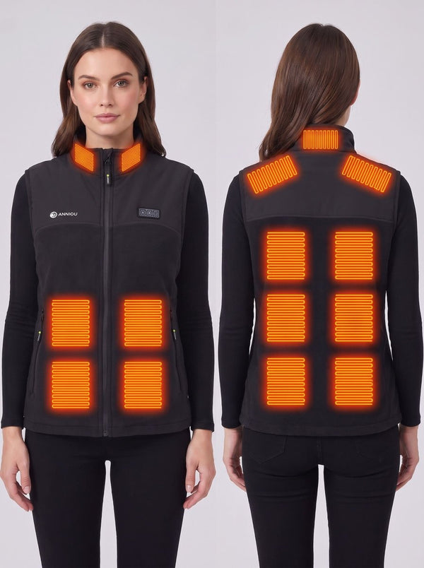 woman wearing the front and back of a heated gilet with 13 heated zones showing