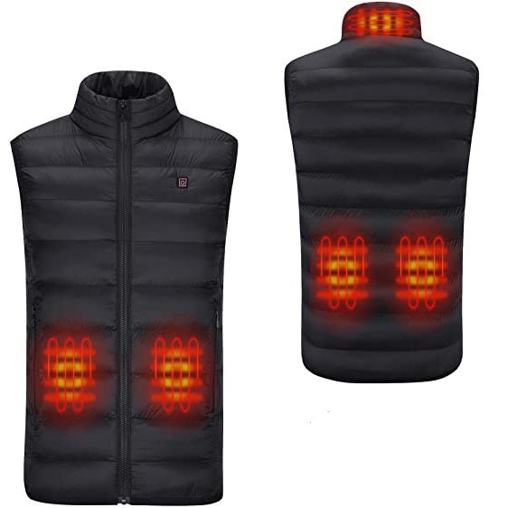 Men's black Heated Duck Down Vest with stand collar and zip