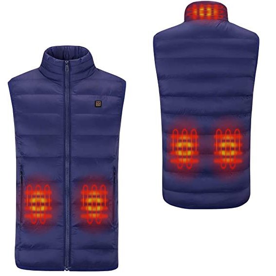 Men's Navy Blue Heated Duck Down Vest with stand collar and zip