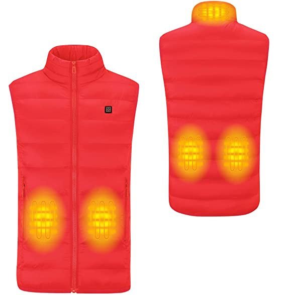 Men's red Heated Duck Down Vest with stand collar and zip