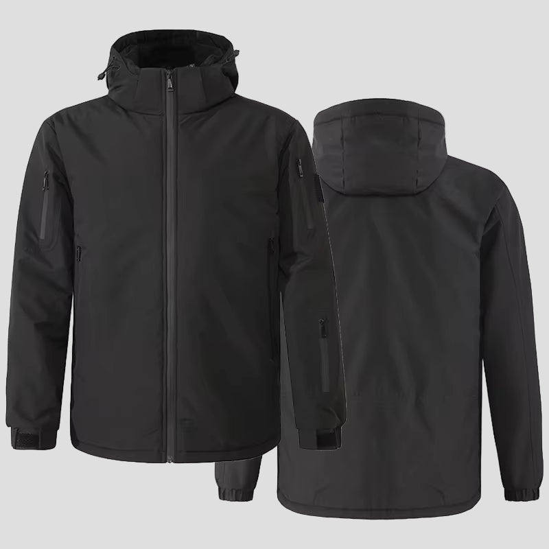 Heated Hardshell Jacket from front and back in black