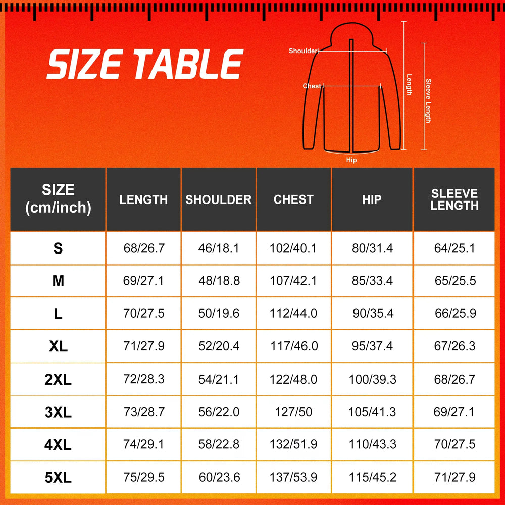 Size chart for a jacket with measurements on an orange background